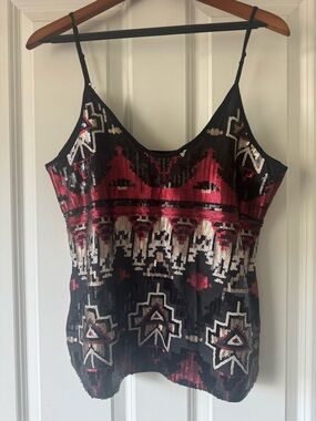 Shyanne Black, Red & Cream Sequin Aztec Spaghetti-Strap Tank